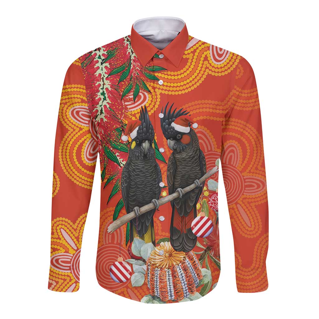 Australia Black Cockatoo Christmas Long Sleeve Button Shirt Banksia Bottlebrush Aboriginal Art - Aussie Hoodie