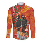Australia Black Cockatoo Christmas Long Sleeve Button Shirt Banksia Bottlebrush Aboriginal Art - Aussie Hoodie