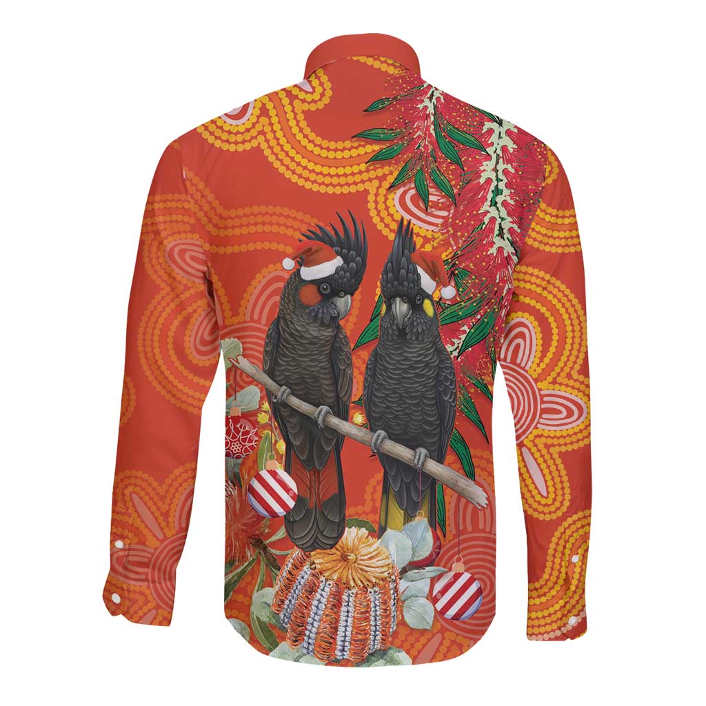 Australia Black Cockatoo Christmas Long Sleeve Button Shirt Banksia Bottlebrush Aboriginal Art - Aussie Hoodie