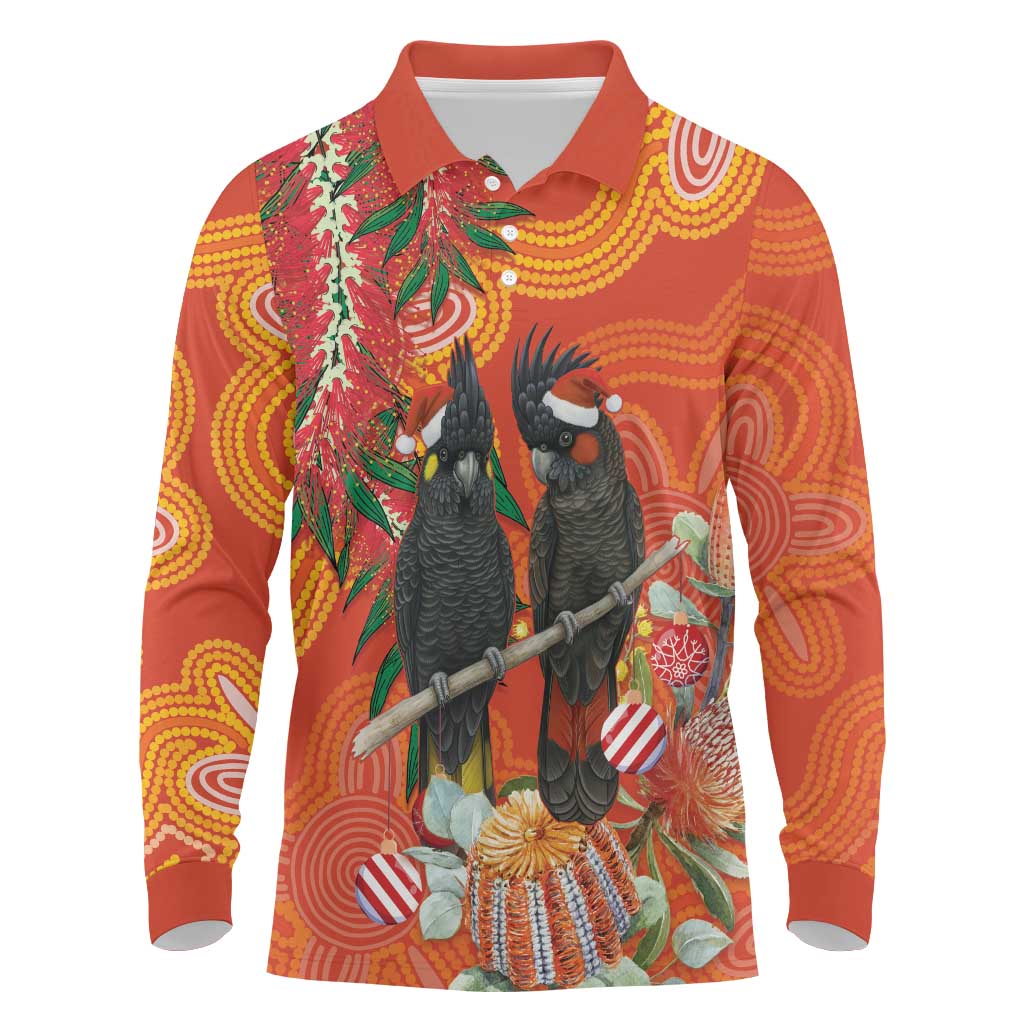 Australia Black Cockatoo Christmas Long Sleeve Polo Shirt Banksia Bottlebrush Aboriginal Art - Aussie Hoodie