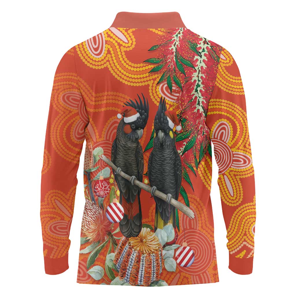 Australia Black Cockatoo Christmas Long Sleeve Polo Shirt Banksia Bottlebrush Aboriginal Art - Aussie Hoodie
