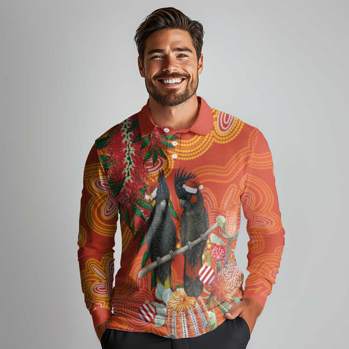 Australia Black Cockatoo Christmas Long Sleeve Polo Shirt Banksia Bottlebrush Aboriginal Art - Aussie Hoodie