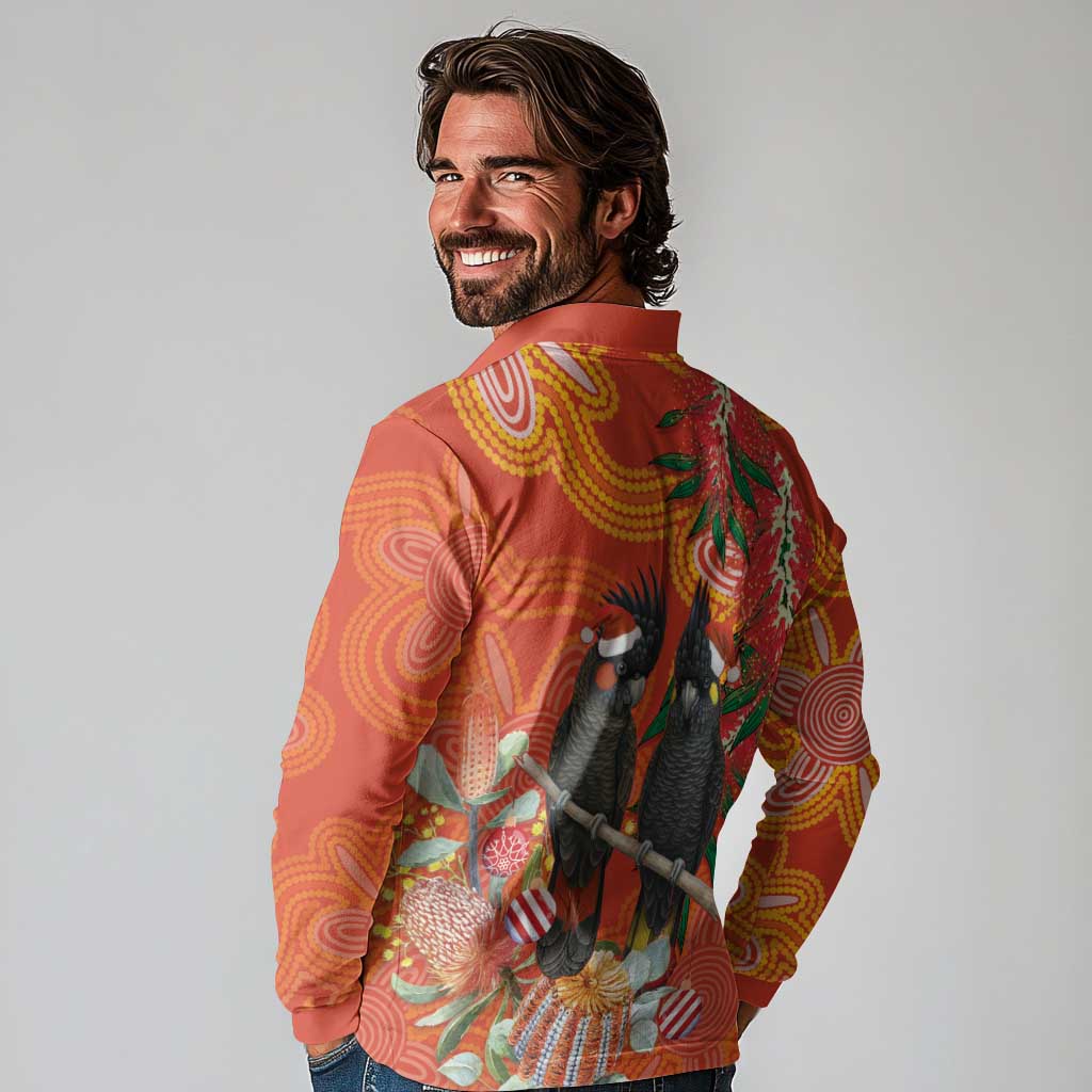 Australia Black Cockatoo Christmas Long Sleeve Polo Shirt Banksia Bottlebrush Aboriginal Art - Aussie Hoodie