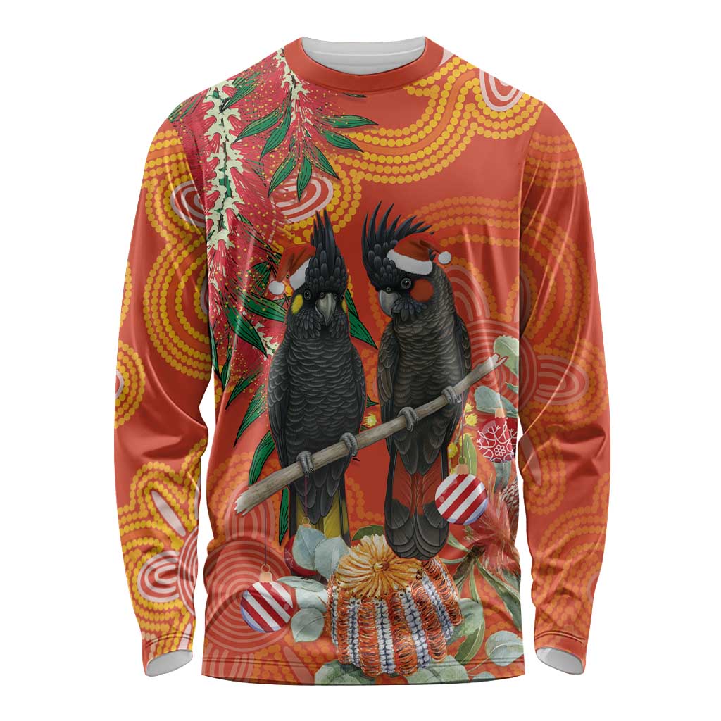 Australia Black Cockatoo Christmas Long Sleeve Shirt Banksia Bottlebrush Aboriginal Art - Aussie Hoodie