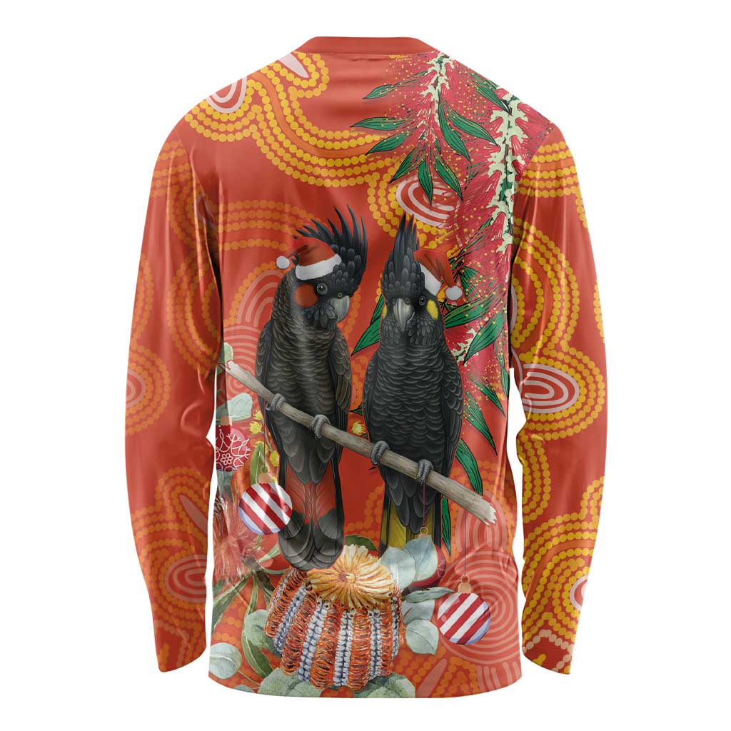 Australia Black Cockatoo Christmas Long Sleeve Shirt Banksia Bottlebrush Aboriginal Art - Aussie Hoodie