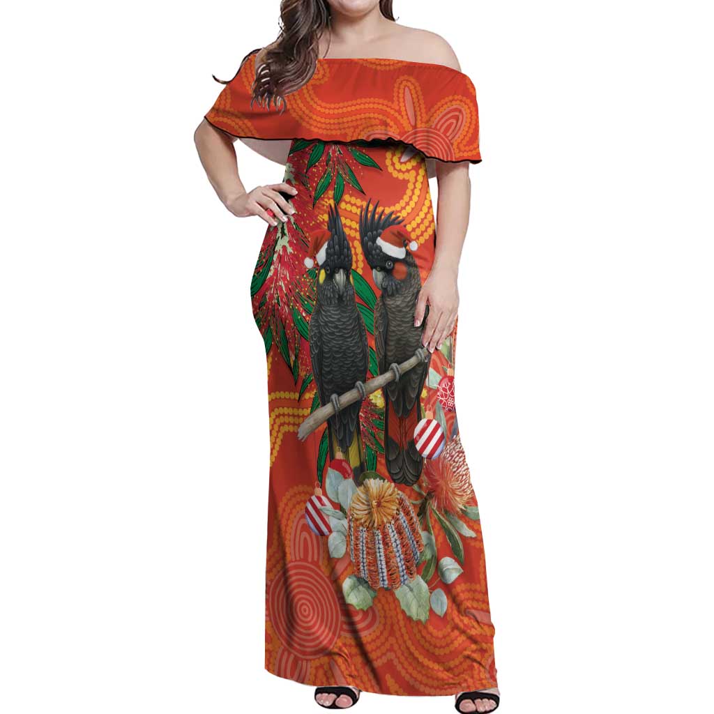 Australia Black Cockatoo Christmas Off Shoulder Maxi Dress Banksia Bottlebrush Aboriginal Art - Aussie Hoodie