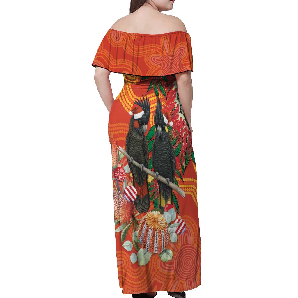 Australia Black Cockatoo Christmas Off Shoulder Maxi Dress Banksia Bottlebrush Aboriginal Art - Aussie Hoodie