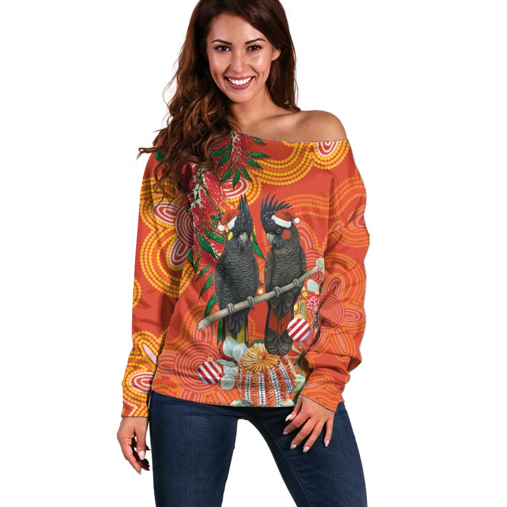 Australia Black Cockatoo Christmas Off Shoulder Sweater Banksia Bottlebrush Aboriginal Art - Aussie Hoodie
