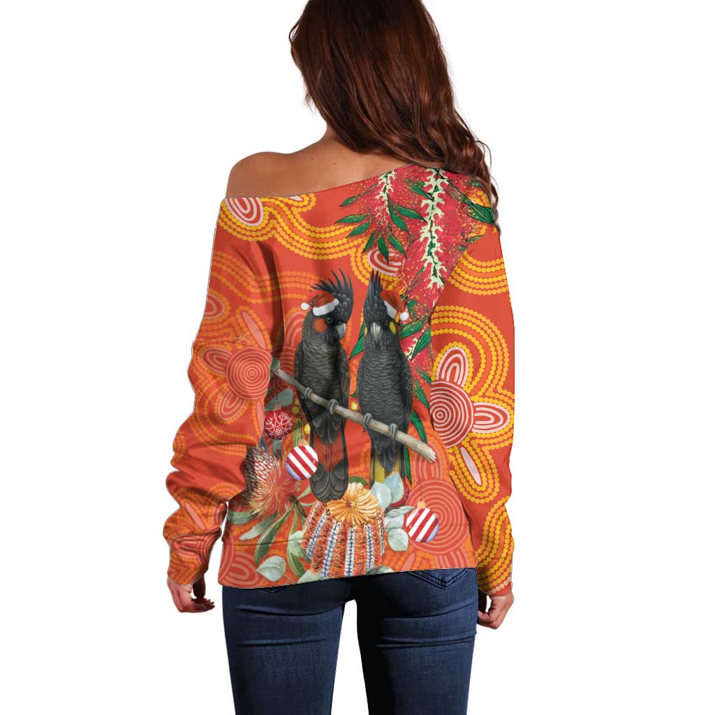 Australia Black Cockatoo Christmas Off Shoulder Sweater Banksia Bottlebrush Aboriginal Art - Aussie Hoodie