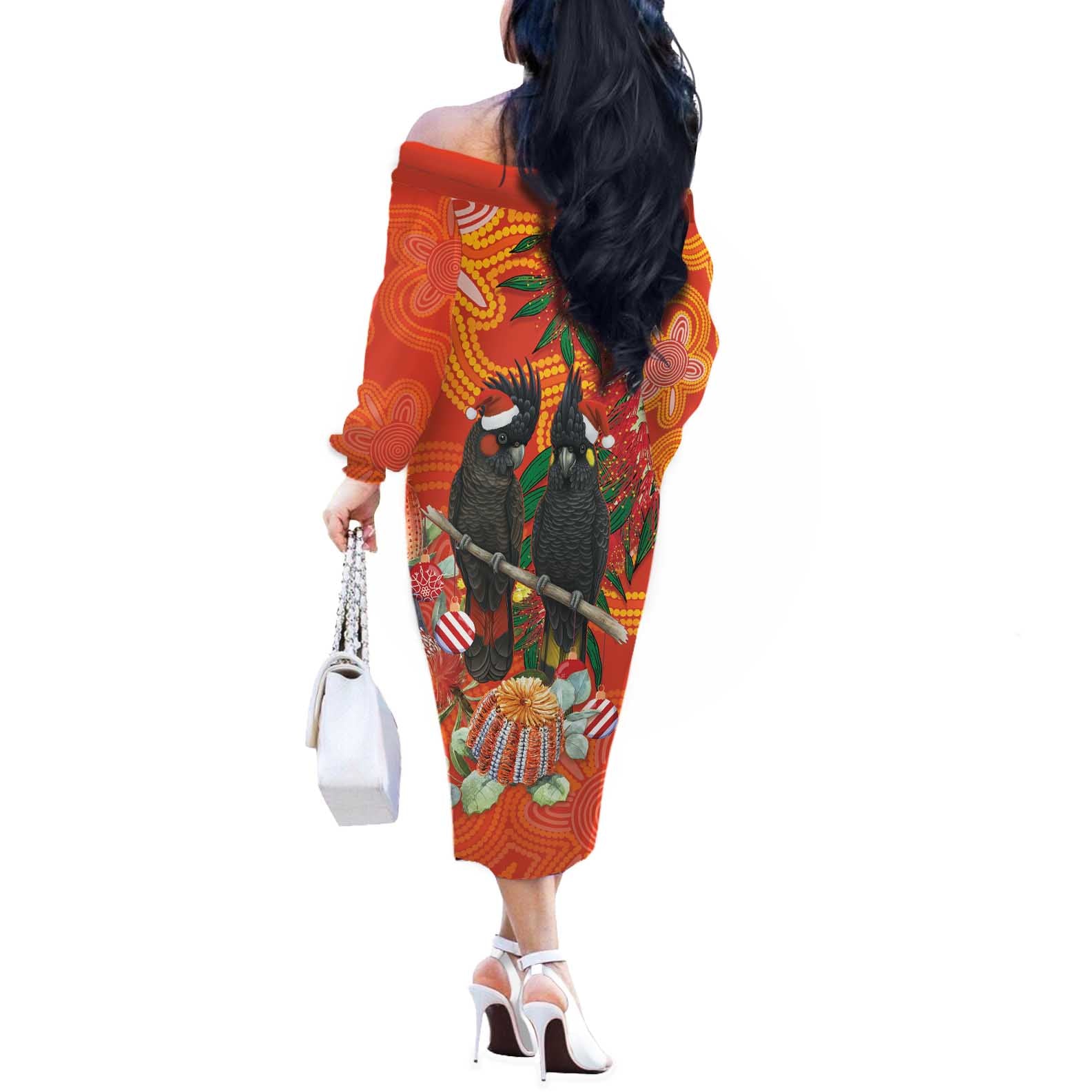 Australia Black Cockatoo Christmas Off The Shoulder Long Sleeve Dress Banksia Bottlebrush Aboriginal Art - Aussie Hoodie