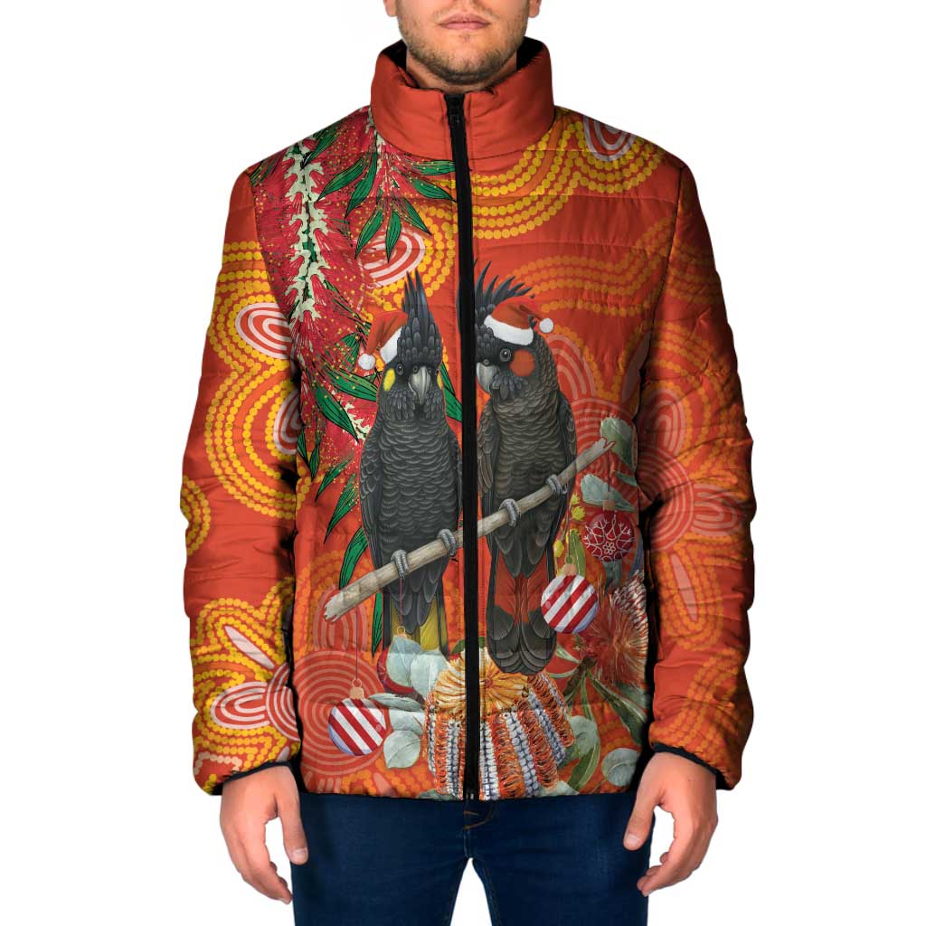 Australia Black Cockatoo Christmas Padded Jacket Banksia Bottlebrush Aboriginal Art - Aussie Hoodie