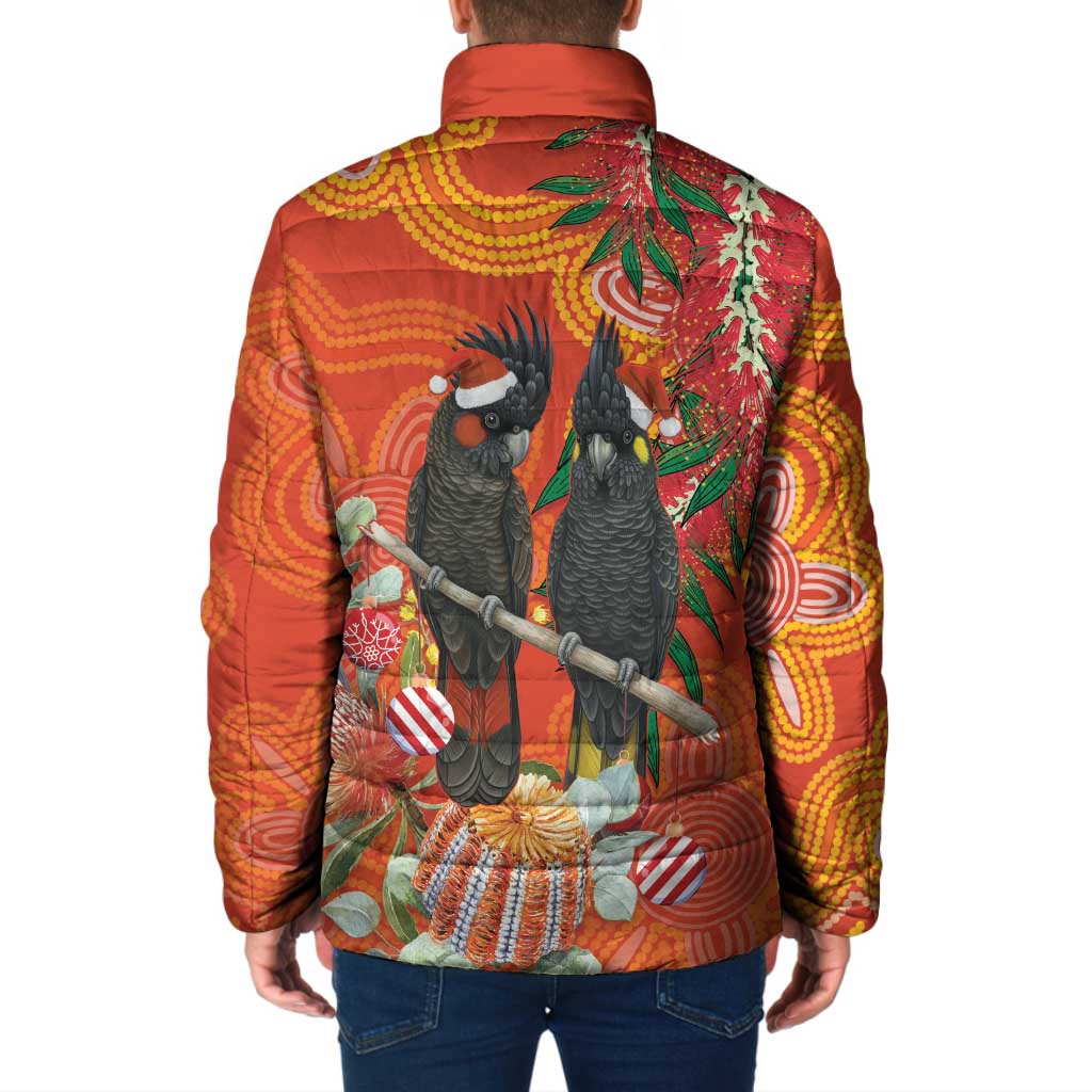 Australia Black Cockatoo Christmas Padded Jacket Banksia Bottlebrush Aboriginal Art - Aussie Hoodie