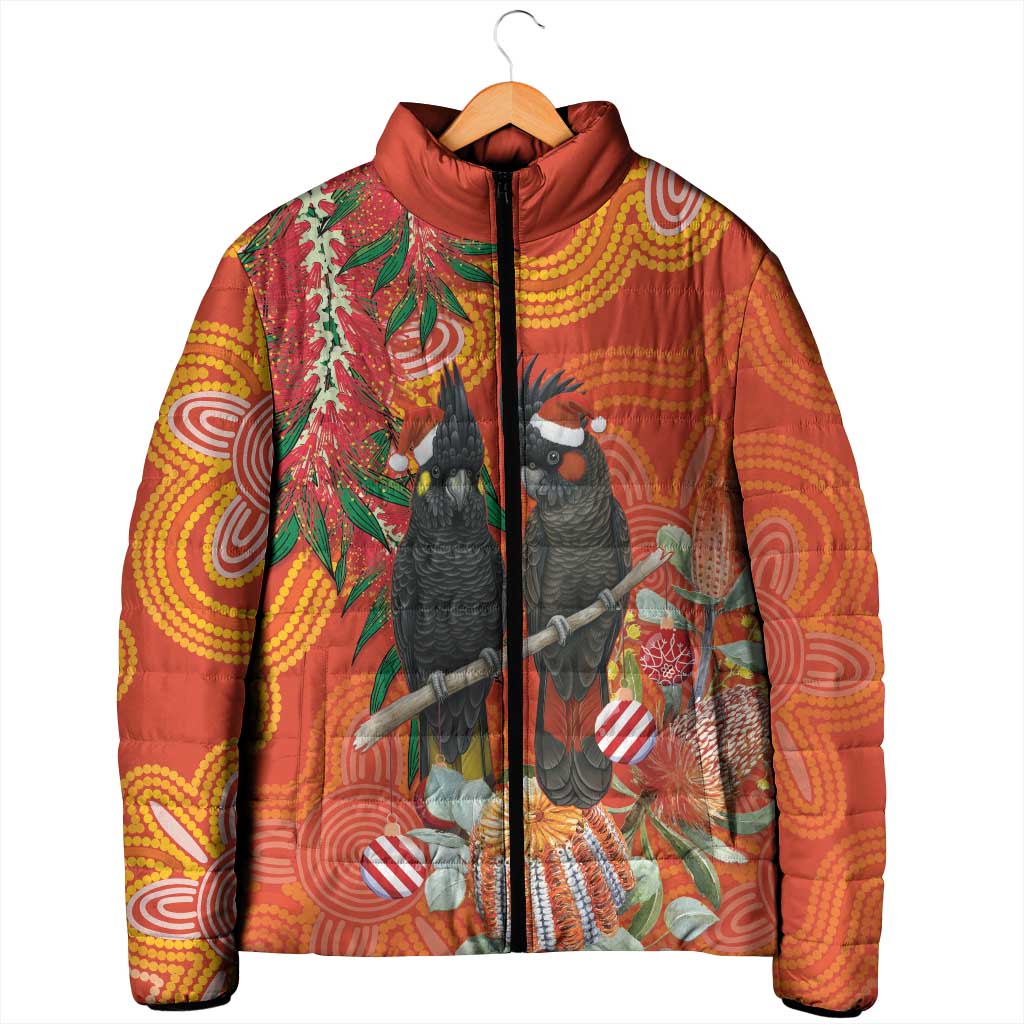 Australia Black Cockatoo Christmas Padded Jacket Banksia Bottlebrush Aboriginal Art - Aussie Hoodie