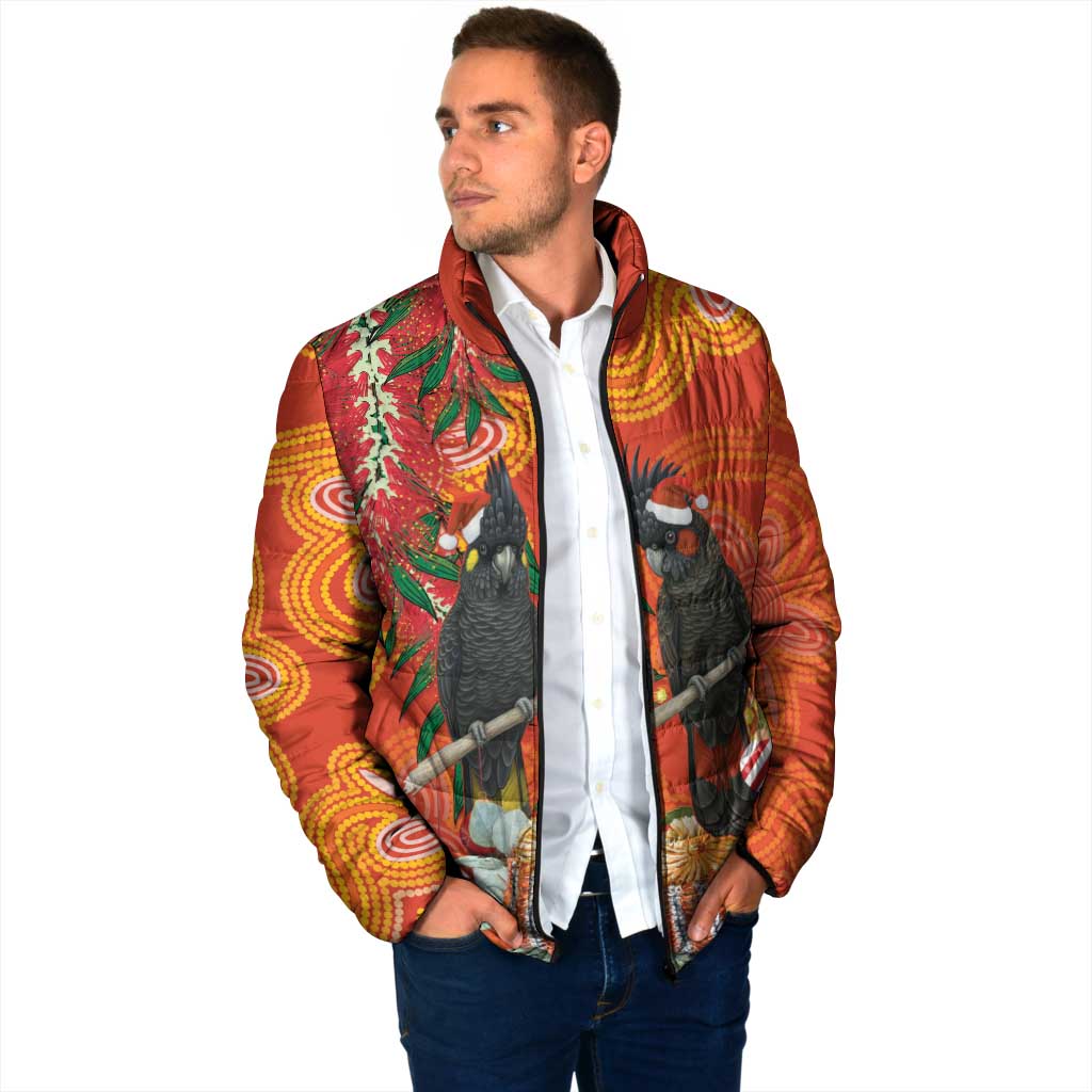 Australia Black Cockatoo Christmas Padded Jacket Banksia Bottlebrush Aboriginal Art - Aussie Hoodie