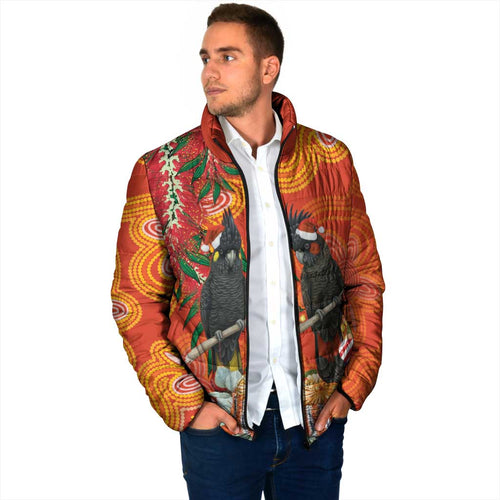 Australia Black Cockatoo Christmas Padded Jacket Banksia Bottlebrush Aboriginal Art - Aussie Hoodie