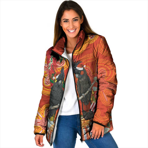 Australia Black Cockatoo Christmas Padded Jacket Banksia Bottlebrush Aboriginal Art - Aussie Hoodie