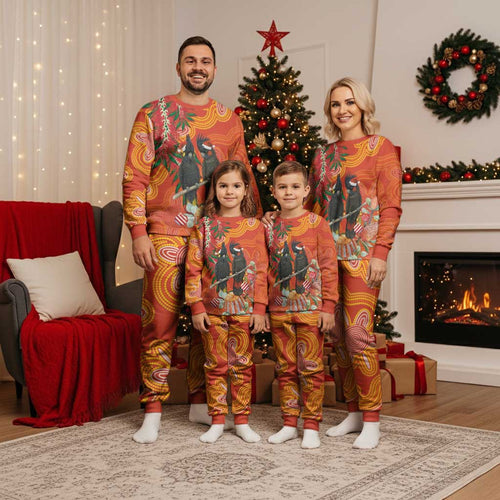 Australia Black Cockatoo Christmas Pajama Set Banksia Bottlebrushe Aboriginal Art - Aussie Hoodie