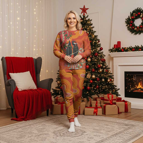 Australia Black Cockatoo Christmas Pajama Set Banksia Bottlebrushe Aboriginal Art - Aussie Hoodie