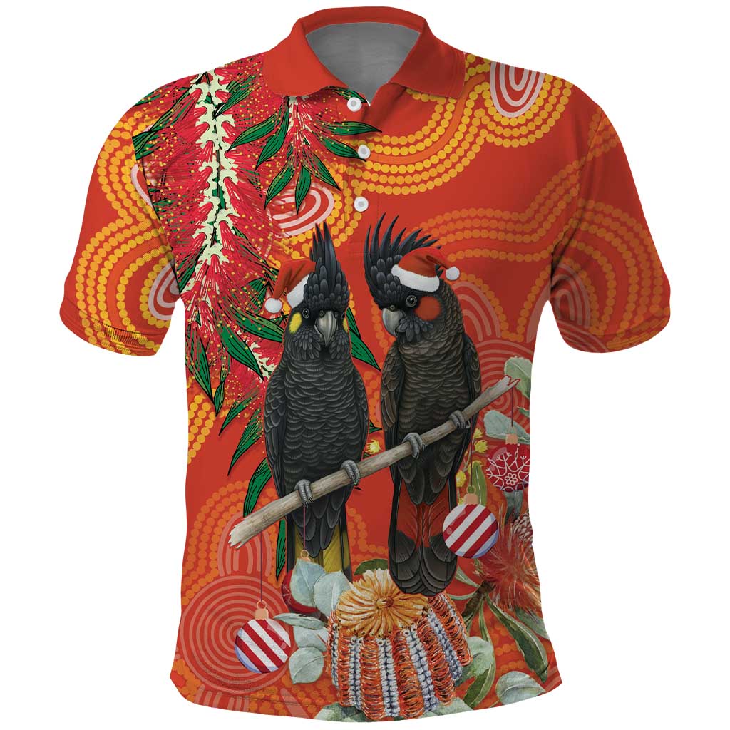 Australia Black Cockatoo Christmas Polo Shirt Banksia Bottlebrush Aboriginal Art - Aussie Hoodie