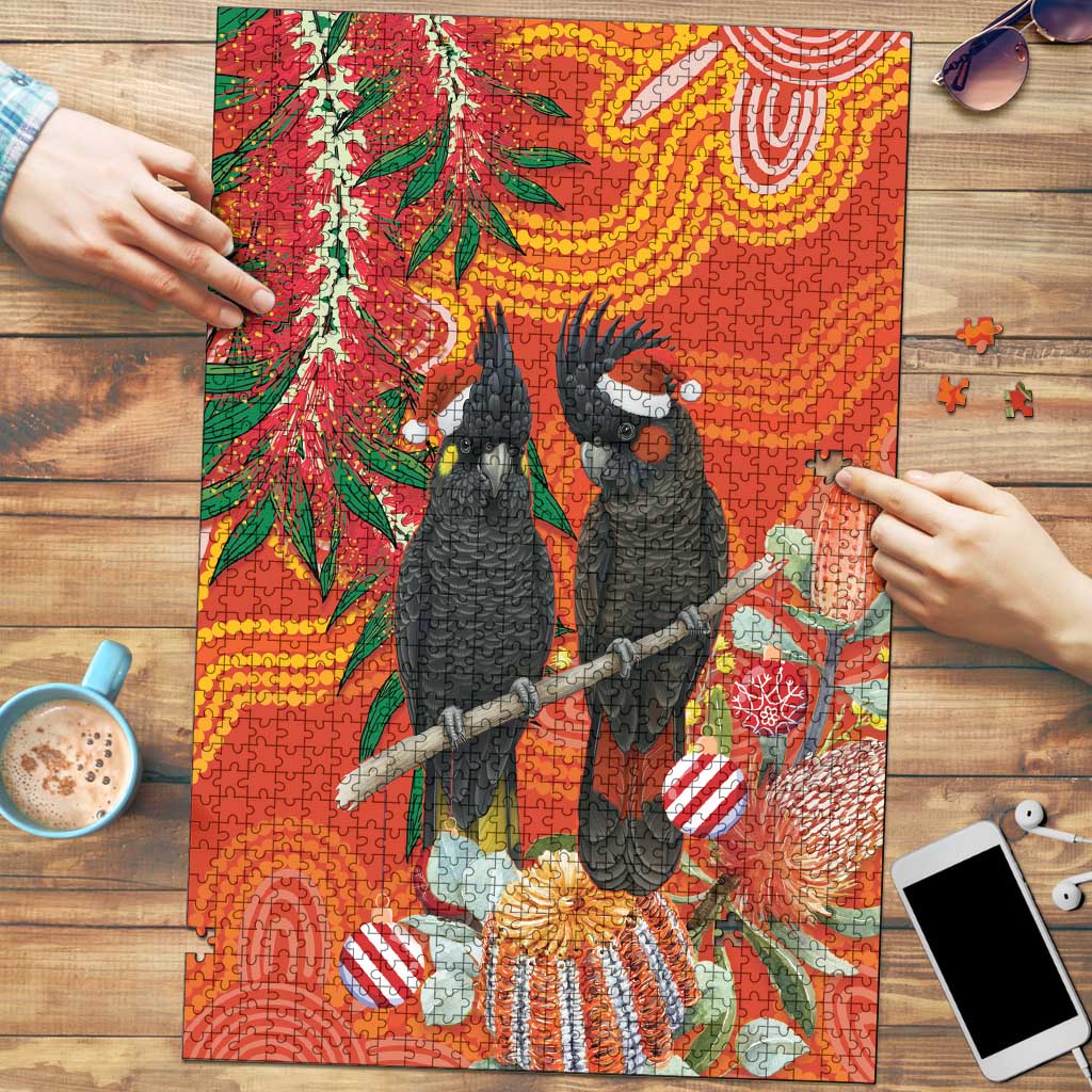 Australia Black Cockatoo Christmas Puzzle Banksia Bottlebrush Aboriginal Art - Aussie Hoodie