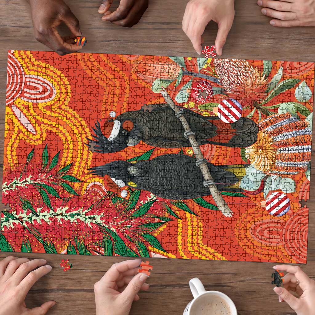 Australia Black Cockatoo Christmas Puzzle Banksia Bottlebrush Aboriginal Art - Aussie Hoodie