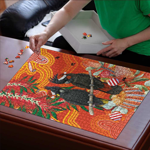 Australia Black Cockatoo Christmas Puzzle Banksia Bottlebrush Aboriginal Art - Aussie Hoodie