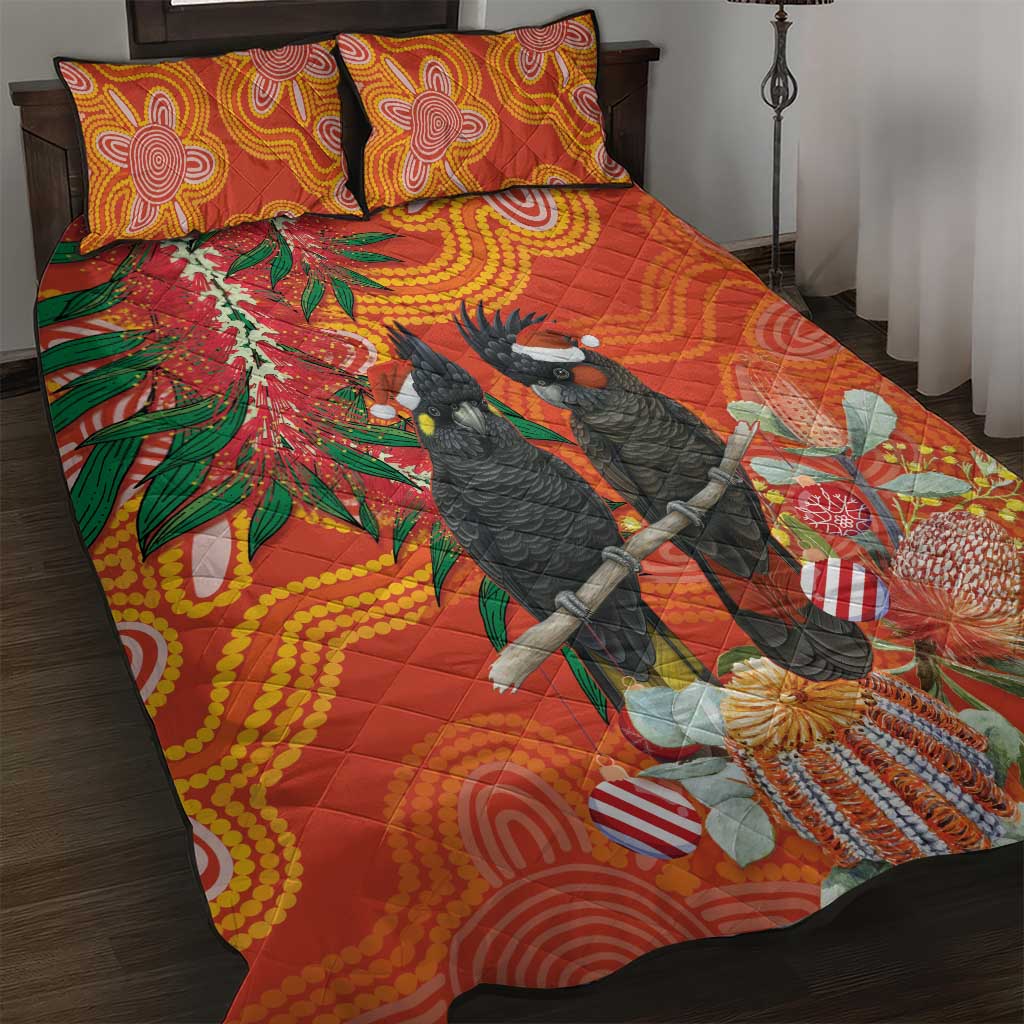 Australia Black Cockatoo Christmas Quilt Bed Set Banksia Bottlebrush Aboriginal Art - Aussie Hoodie