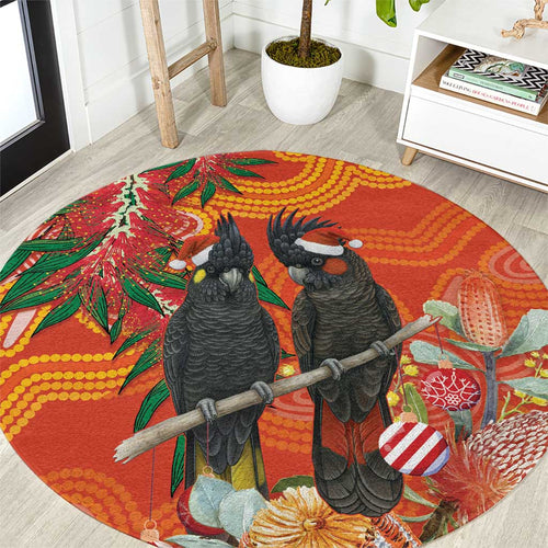 Australia Black Cockatoo Christmas Round Carpet Banksia Bottlebrush Aboriginal Art - Aussie Hoodie