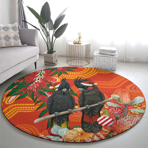 Australia Black Cockatoo Christmas Round Carpet Banksia Bottlebrush Aboriginal Art - Aussie Hoodie