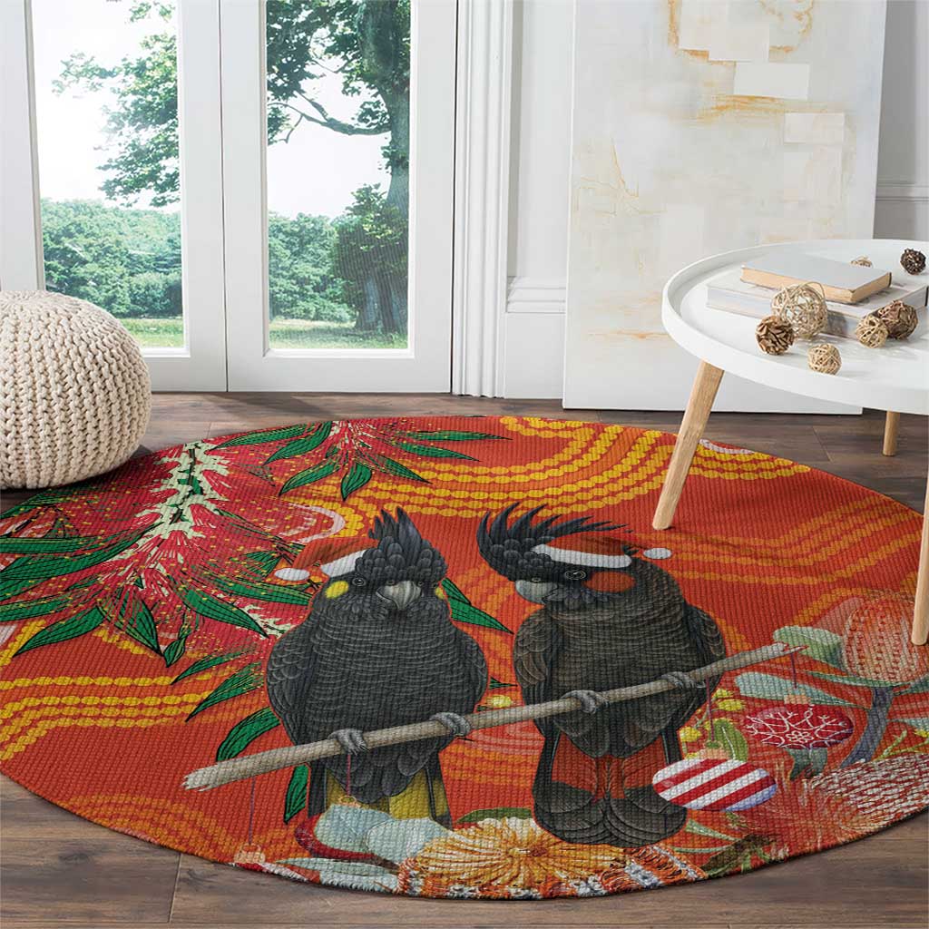 Australia Black Cockatoo Christmas Round Carpet Banksia Bottlebrush Aboriginal Art - Aussie Hoodie