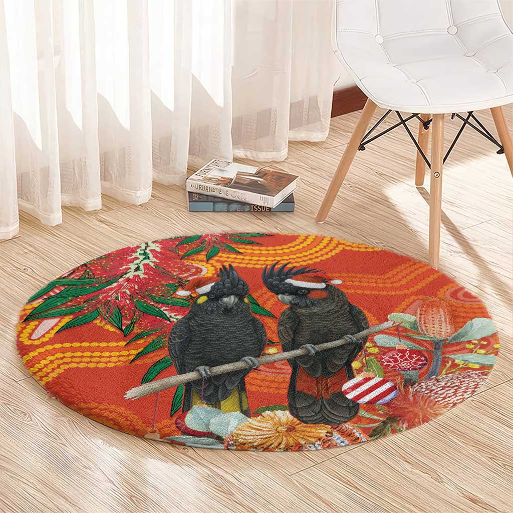 Australia Black Cockatoo Christmas Round Carpet Banksia Bottlebrush Aboriginal Art - Aussie Hoodie