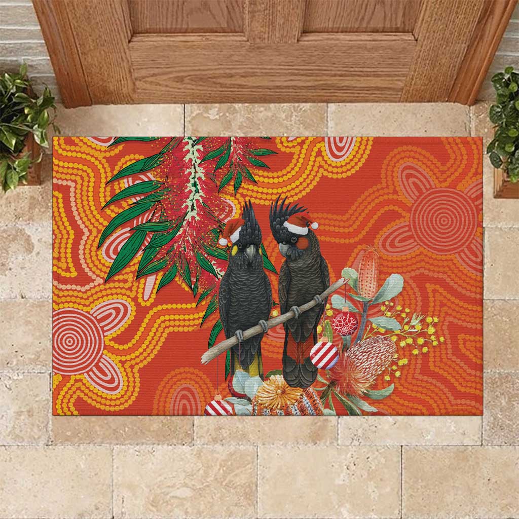 Australia Black Cockatoo Christmas Rubber Doormat Banksia Bottlebrush Aboriginal Art - Aussie Hoodie