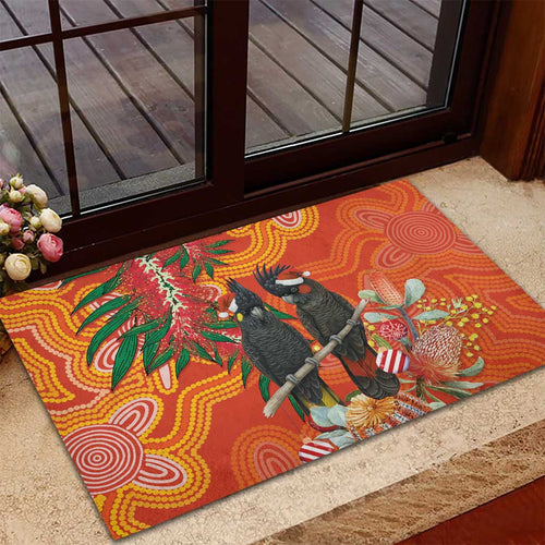 Australia Black Cockatoo Christmas Rubber Doormat Banksia Bottlebrush Aboriginal Art - Aussie Hoodie