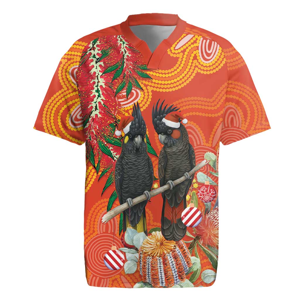 Australia Black Cockatoo Christmas Rugby Jersey Banksia Bottlebrush Aboriginal Art - Aussie Hoodie