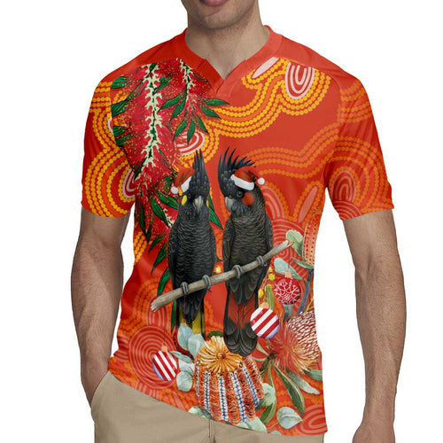 Australia Black Cockatoo Christmas Rugby Jersey Banksia Bottlebrush Aboriginal Art - Aussie Hoodie