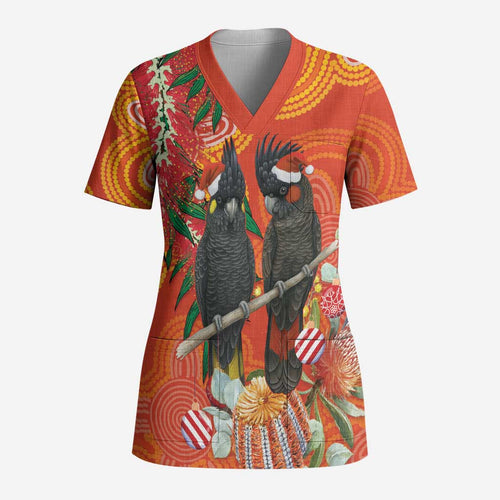 Australia Black Cockatoo Christmas Scrub Top Banksia Bottlebrush Aboriginal Art - Aussie Hoodie