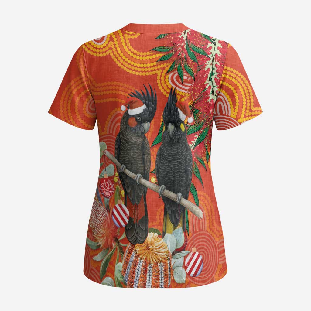 Australia Black Cockatoo Christmas Scrub Top Banksia Bottlebrush Aboriginal Art - Aussie Hoodie