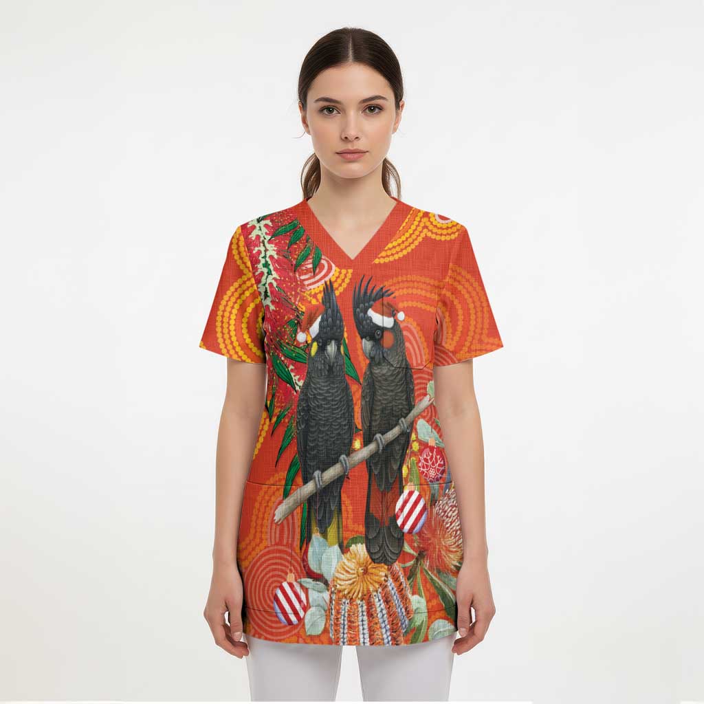 Australia Black Cockatoo Christmas Scrub Top Banksia Bottlebrush Aboriginal Art - Aussie Hoodie