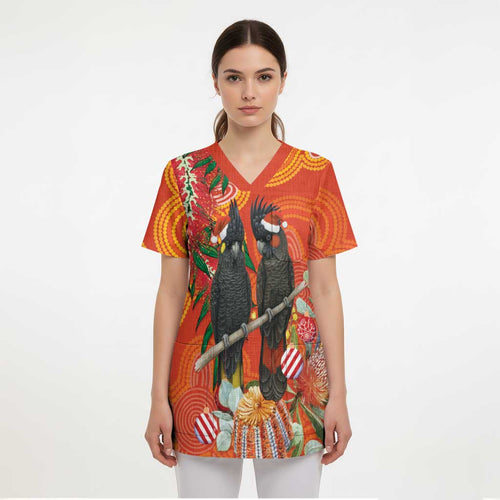 Australia Black Cockatoo Christmas Scrub Top Banksia Bottlebrush Aboriginal Art - Aussie Hoodie