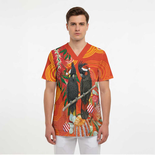 Australia Black Cockatoo Christmas Scrub Top Banksia Bottlebrush Aboriginal Art - Aussie Hoodie