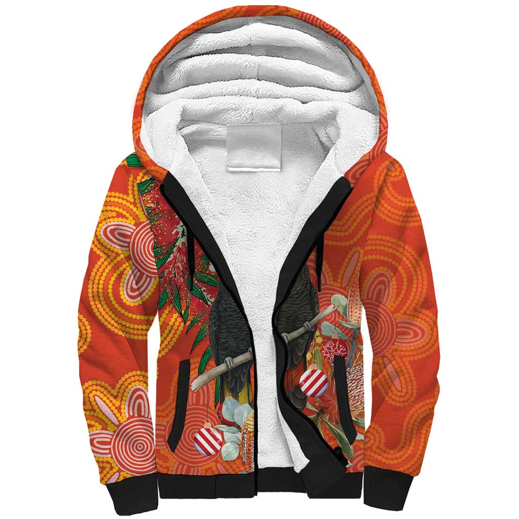 Australia Black Cockatoo Christmas Sherpa Hoodie Banksia Bottlebrush Aboriginal Art - Aussie Hoodie