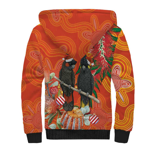 Australia Black Cockatoo Christmas Sherpa Hoodie Banksia Bottlebrush Aboriginal Art - Aussie Hoodie