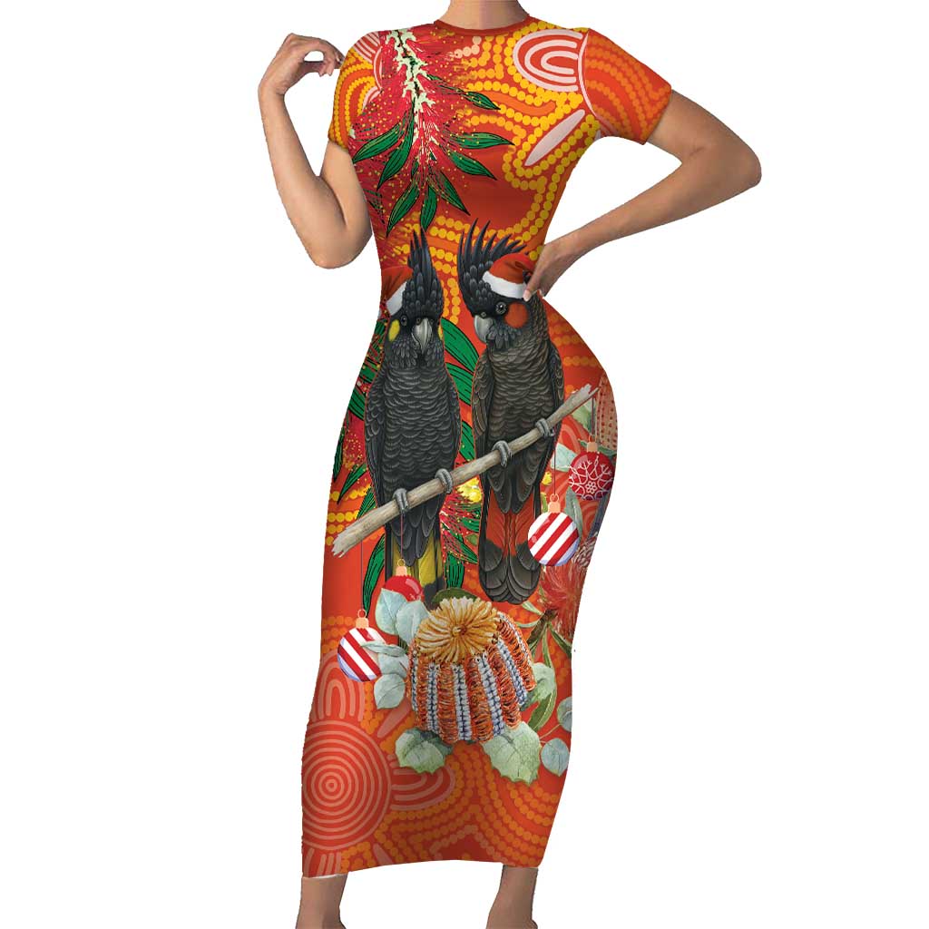 Australia Black Cockatoo Christmas Short Sleeve Bodycon Dress Banksia Bottlebrush Aboriginal Art - Aussie Hoodie