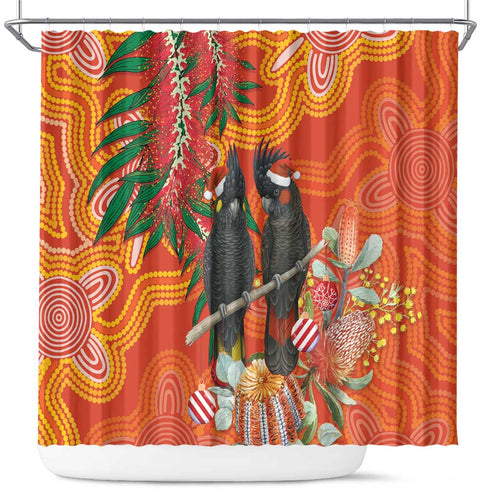 Australia Black Cockatoo Christmas Shower Curtain Banksia Bottlebrush Aboriginal Art - Aussie Hoodie
