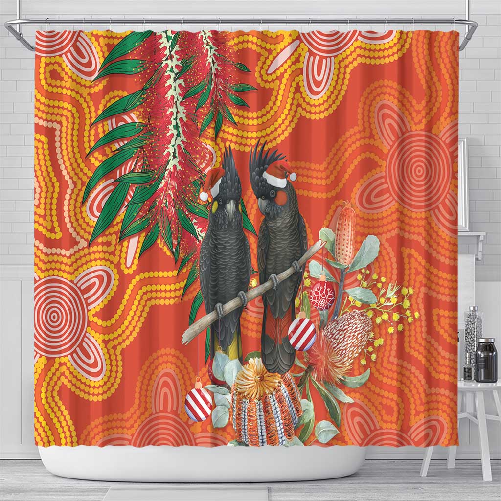 Australia Black Cockatoo Christmas Shower Curtain Banksia Bottlebrush Aboriginal Art - Aussie Hoodie