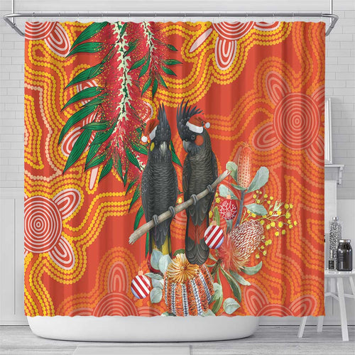 Australia Black Cockatoo Christmas Shower Curtain Banksia Bottlebrush Aboriginal Art - Aussie Hoodie