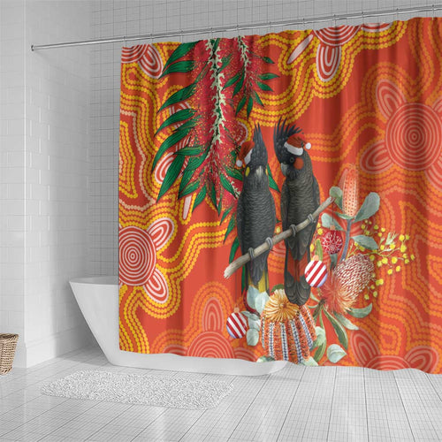 Australia Black Cockatoo Christmas Shower Curtain Banksia Bottlebrush Aboriginal Art - Aussie Hoodie