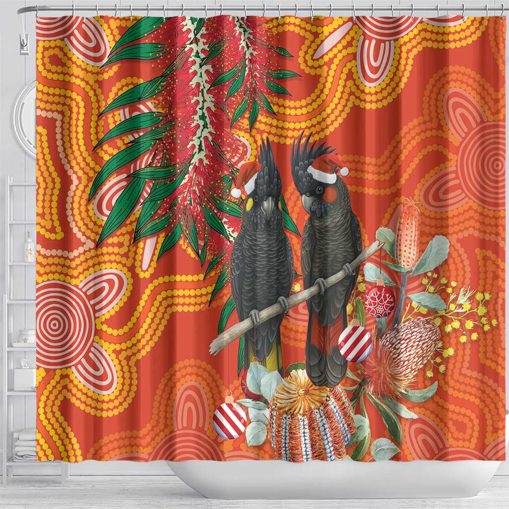 Australia Black Cockatoo Christmas Shower Curtain Banksia Bottlebrush Aboriginal Art - Aussie Hoodie