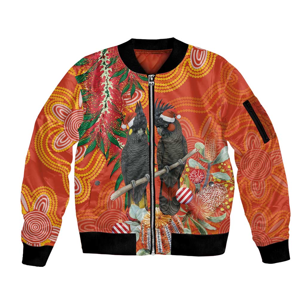 Australia Black Cockatoo Christmas Sleeve Zip Bomber Jacket Banksia Bottlebrush Aboriginal Art - undefined