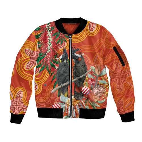 Australia Black Cockatoo Christmas Sleeve Zip Bomber Jacket Banksia Bottlebrush Aboriginal Art - undefined